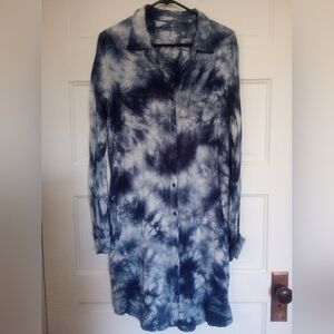 Blue Tie-Dye Button-Up Shirt Dress